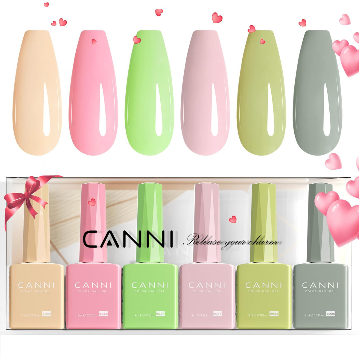 CANNI Pastel Gel Nail Polish Set 6Pcs front view with colour bottles