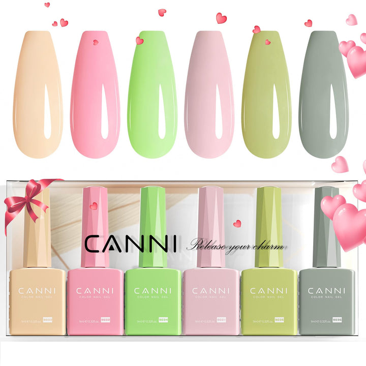 CANNI Pastel Gel Nail Polish Set 6Pcs front view with colour bottles