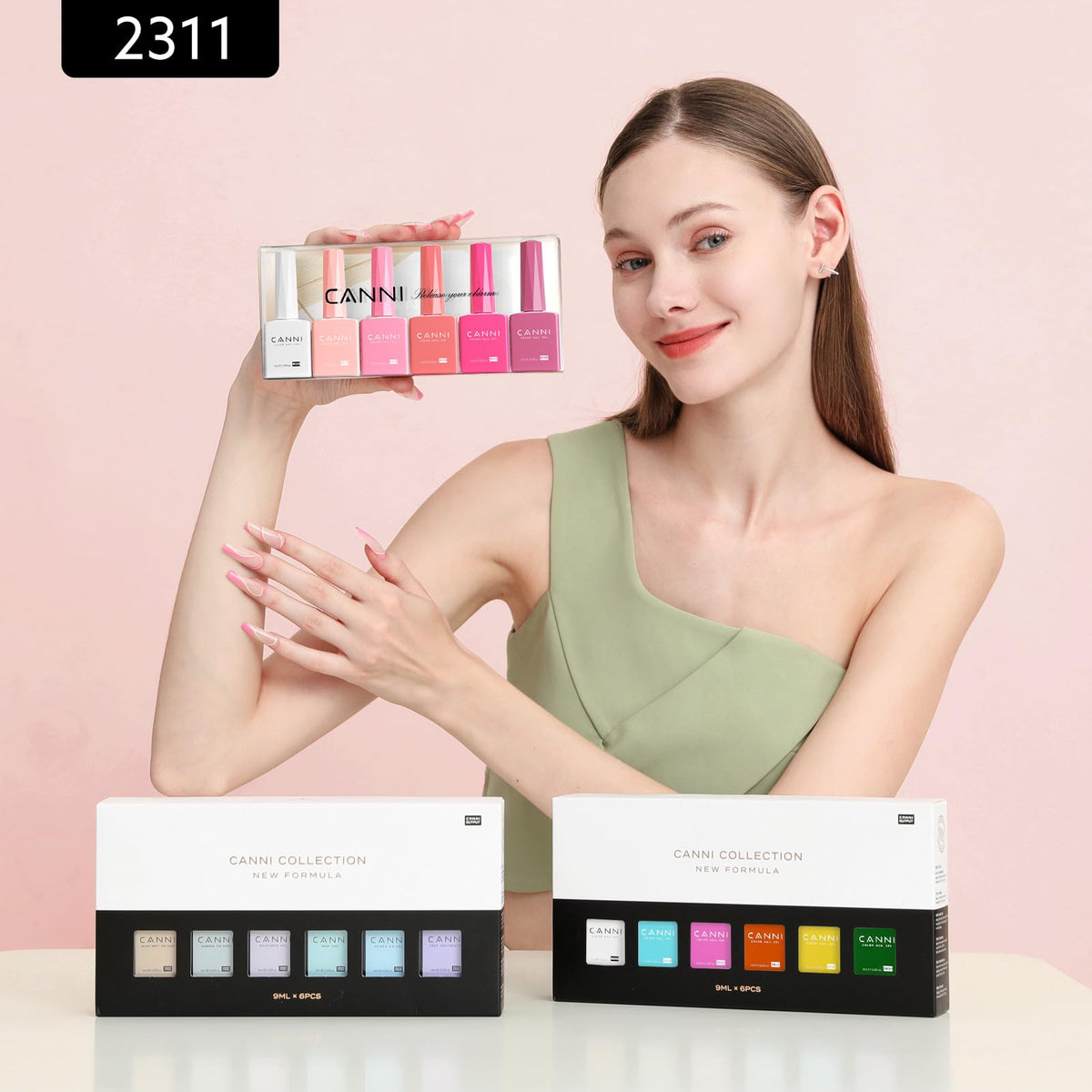 CANNI Pink Gel Nail Polish Set in a beauty setup