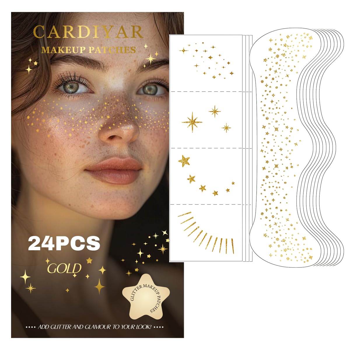 Cardiyar Glitter Freckles 24PCS gold face tattoos front view