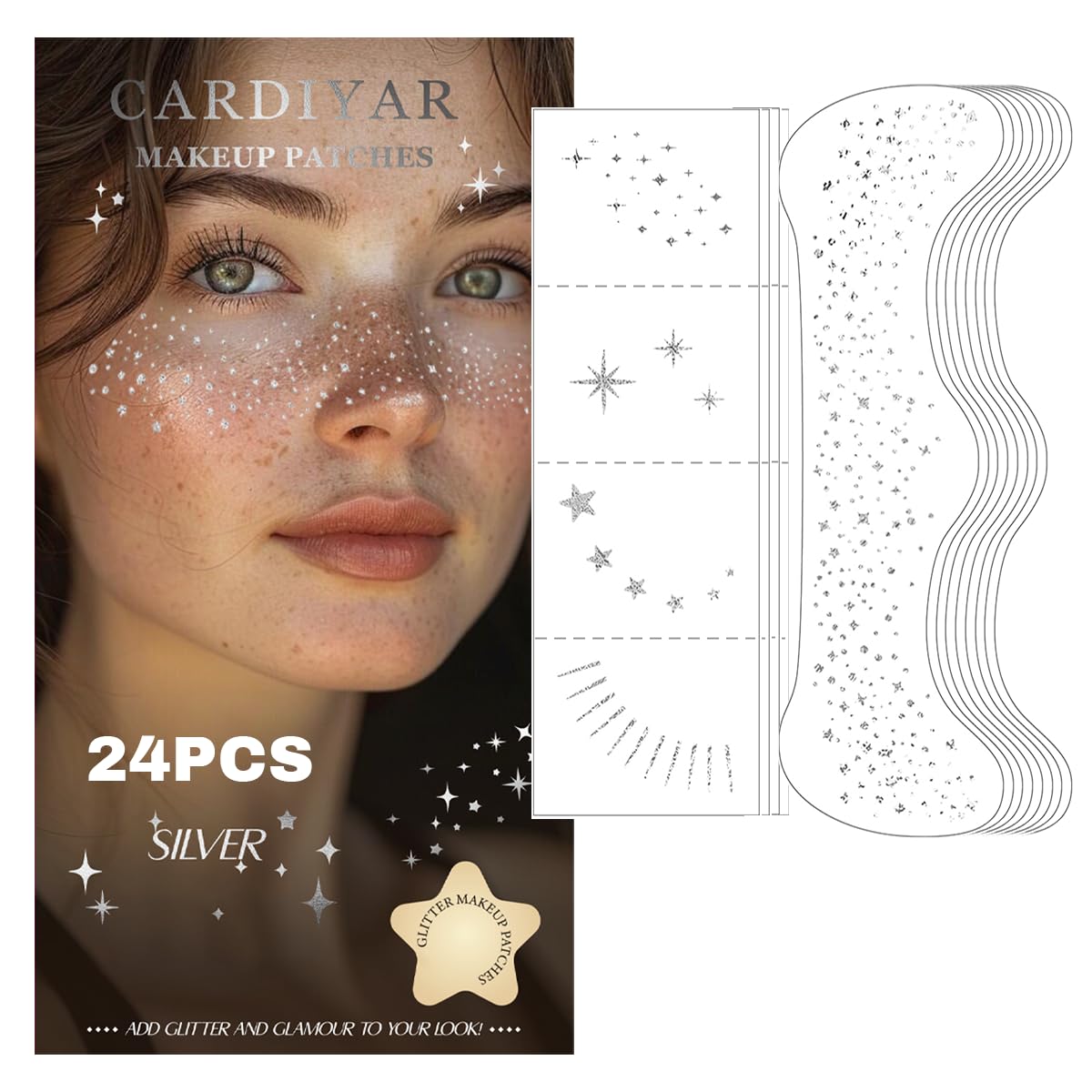 Cardiyar Glitter Freckles 24PCS pack front view with silver patches