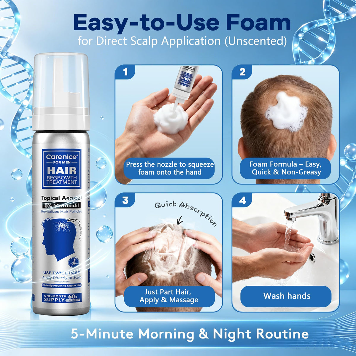 CARENICE Men's 5% Minoxidil Foam application on scalp