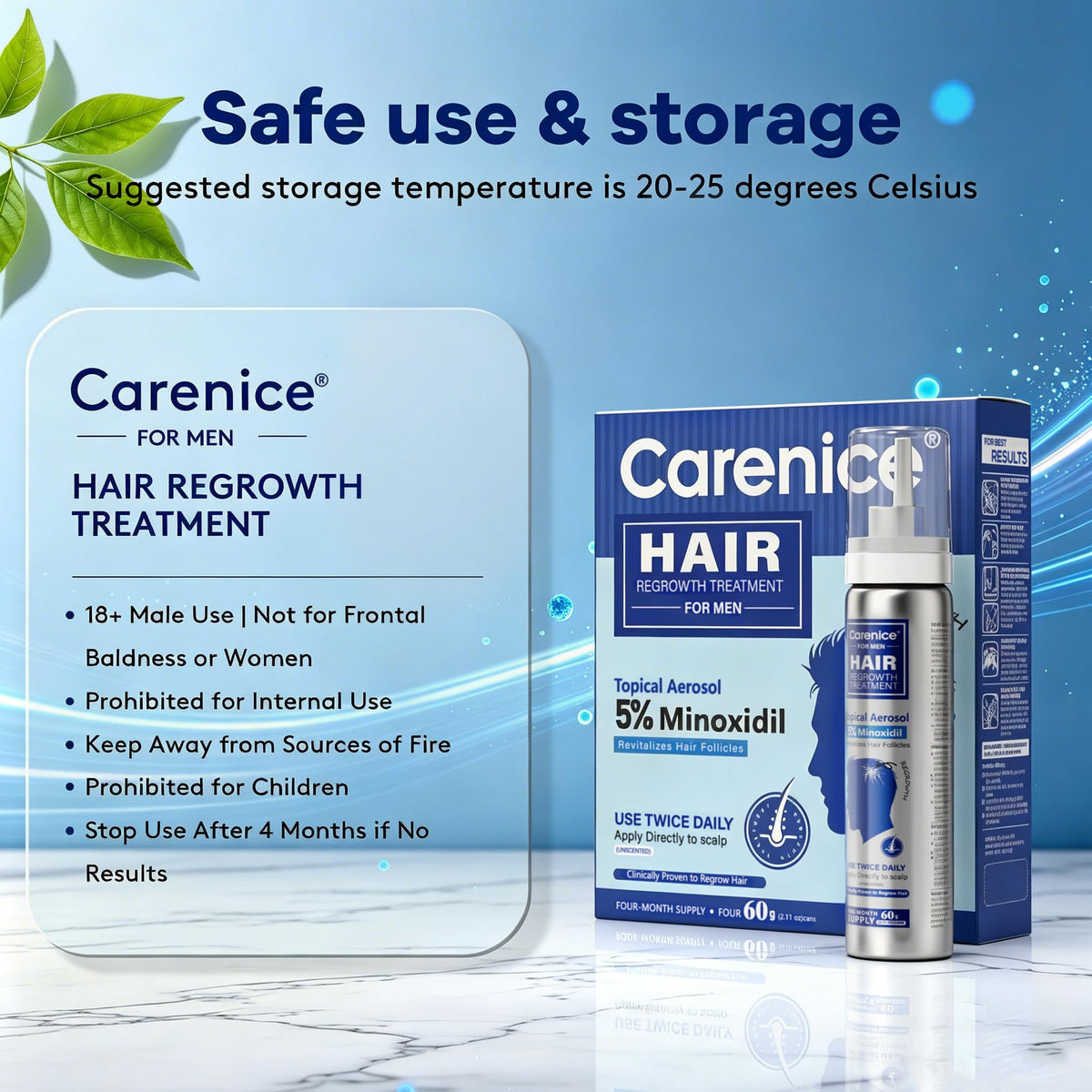 CARENICE Men's 5% Minoxidil Foam back view with instructions