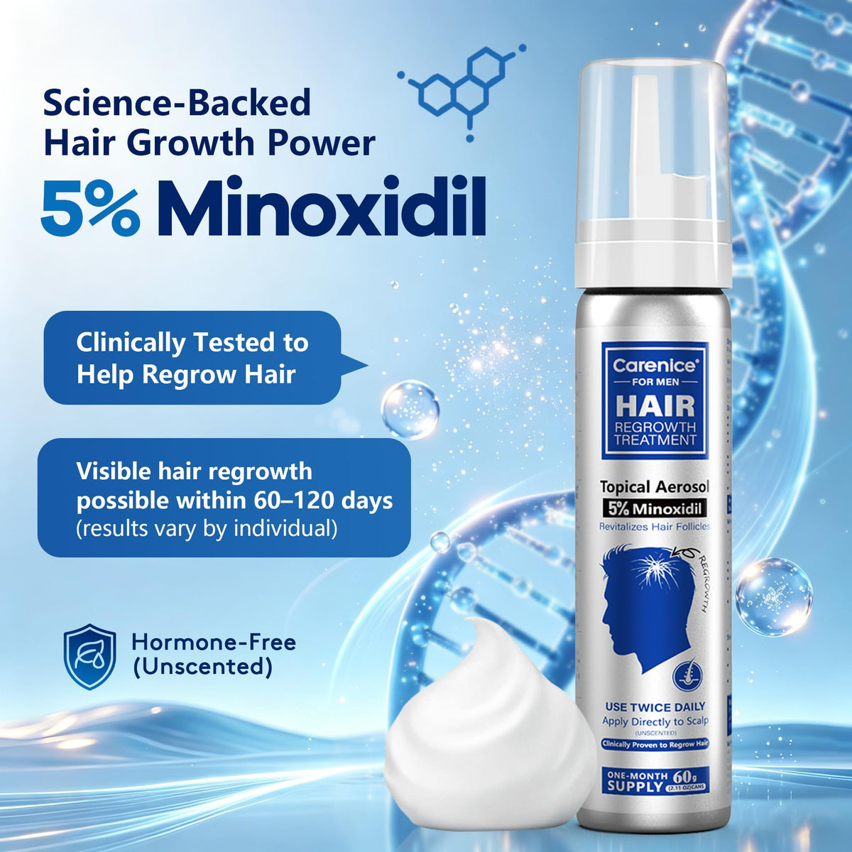 CARENICE Men's 5% Minoxidil Foam top view showing nozzle