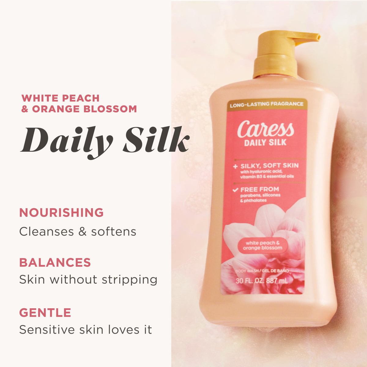 Caress Daily Silk Body Wash 30 fl oz back view with ingredients