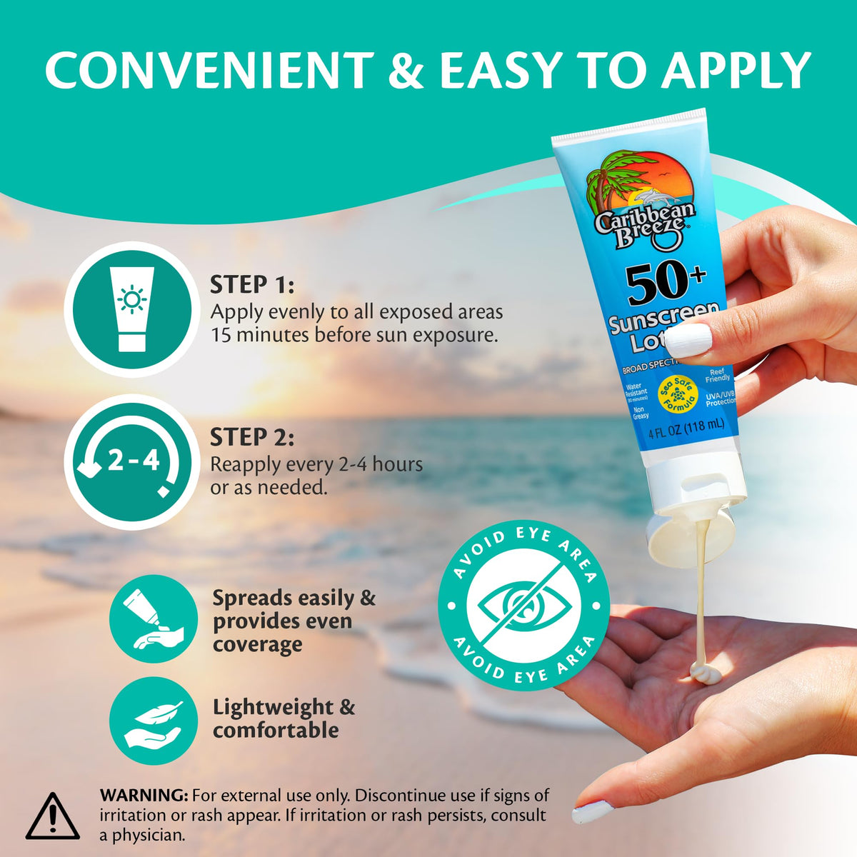 Caribbean Breeze SPF 50 Sunscreen Lotion back view with ingredient list