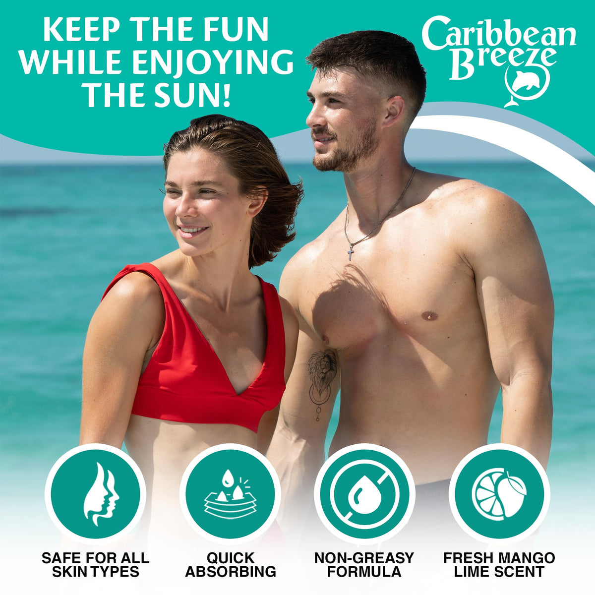 Caribbean Breeze SPF 50 Sunscreen Lotion bottle with ocean background