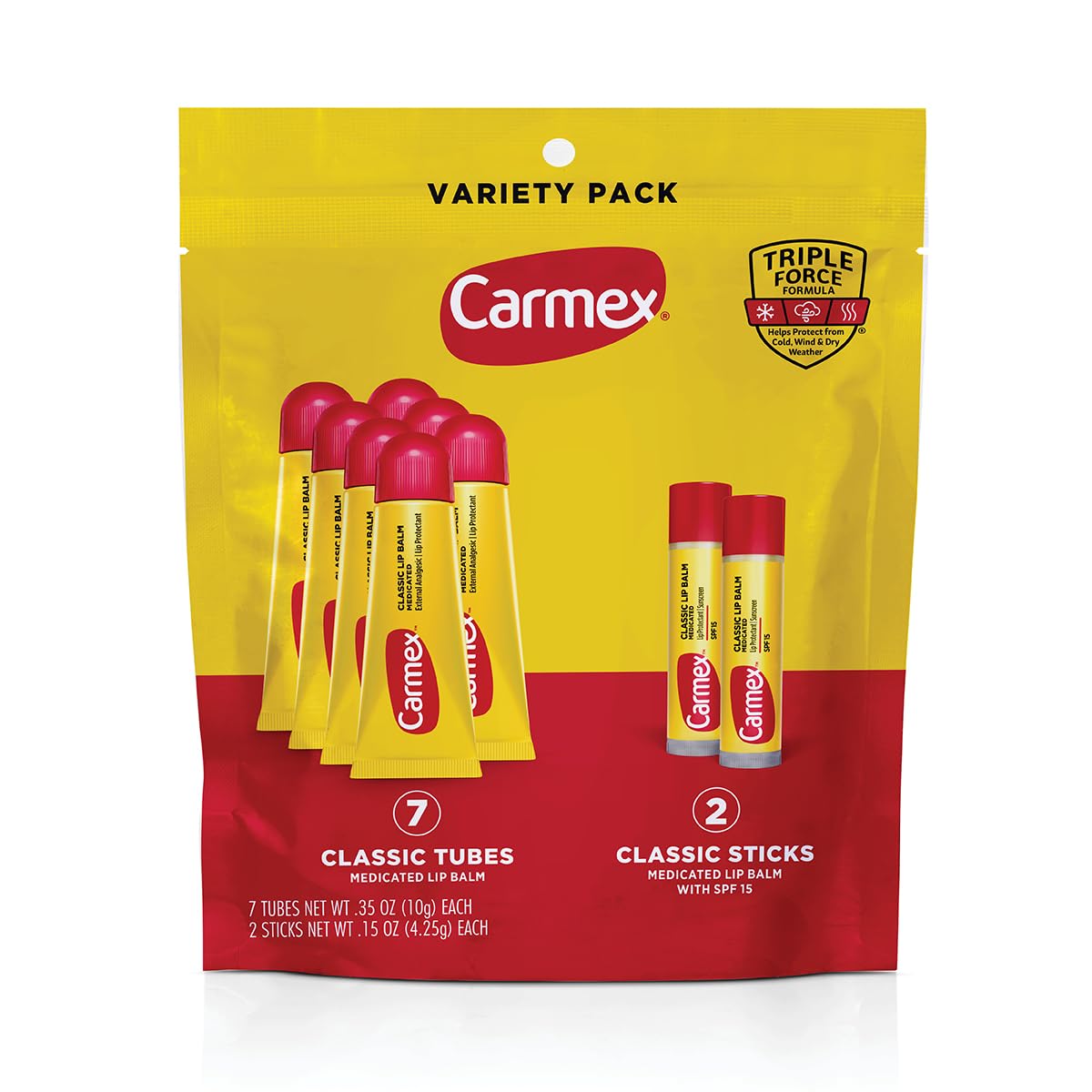 Carmex Classic Medicated Lip Balm 9-count variety pack front view