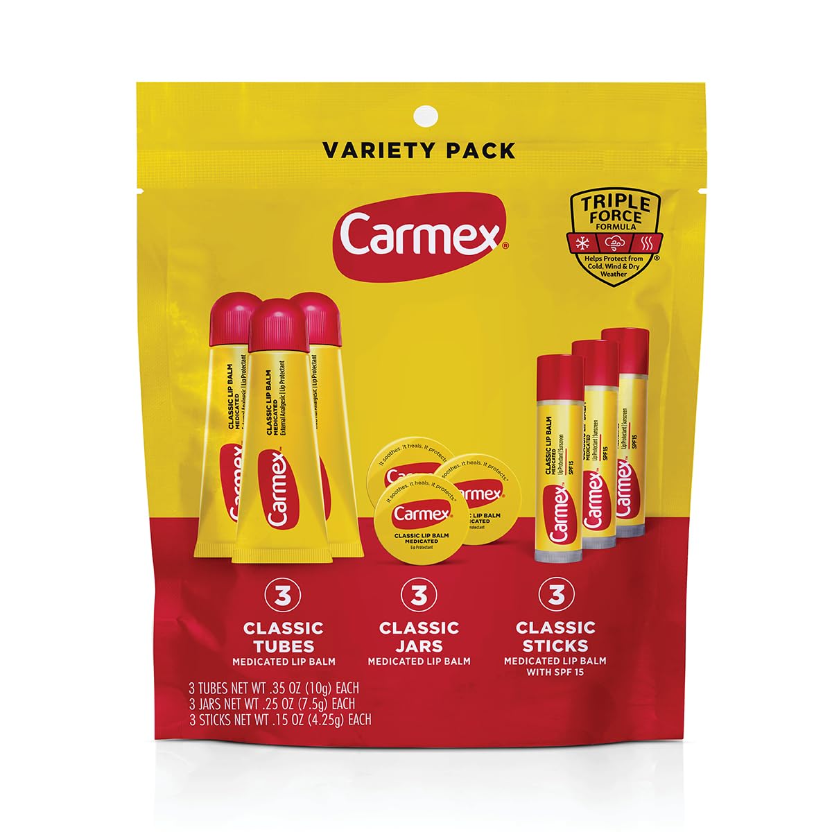 Carmex Classic Medicated Lip Balm 9-count variety pack with tubes, sticks, and jars
