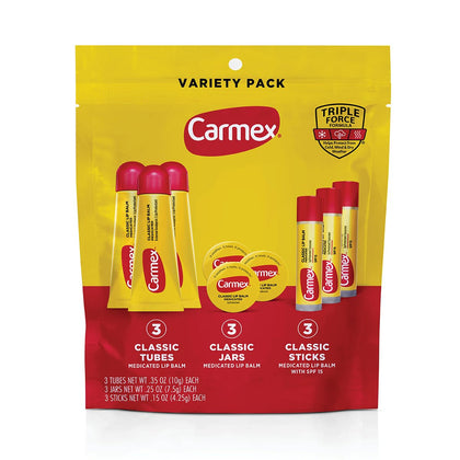 Carmex Classic Medicated Lip Balm 9-count variety pack with tubes, sticks, and jars