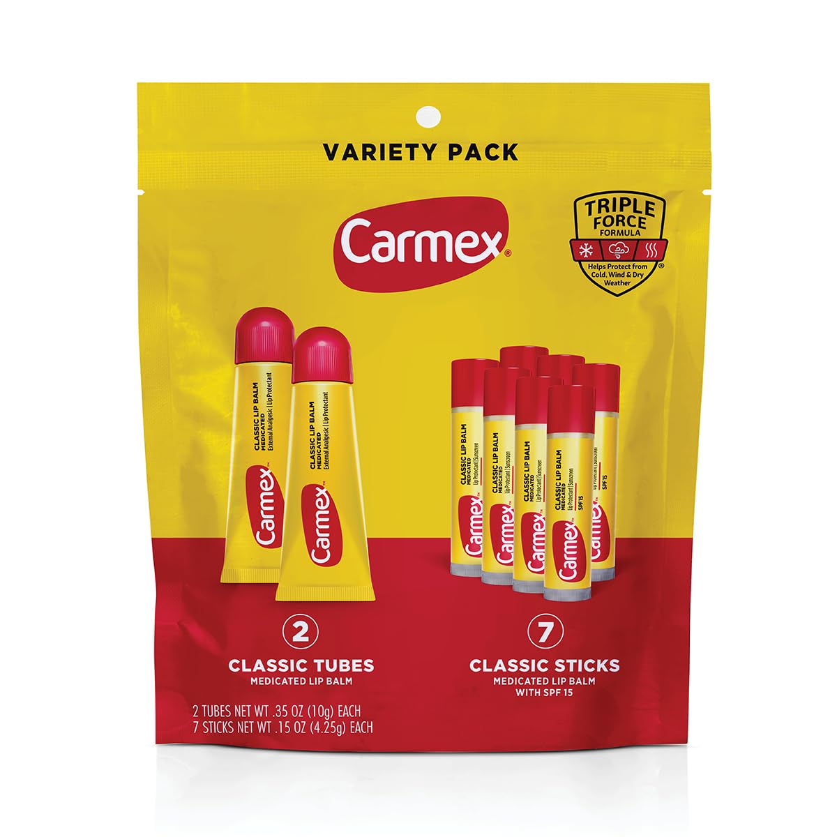 Carmex Classic Medicated Lip Balm Pack front view with 9 products