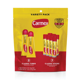 Carmex Classic Medicated Lip Balm Pack front view with 9 products