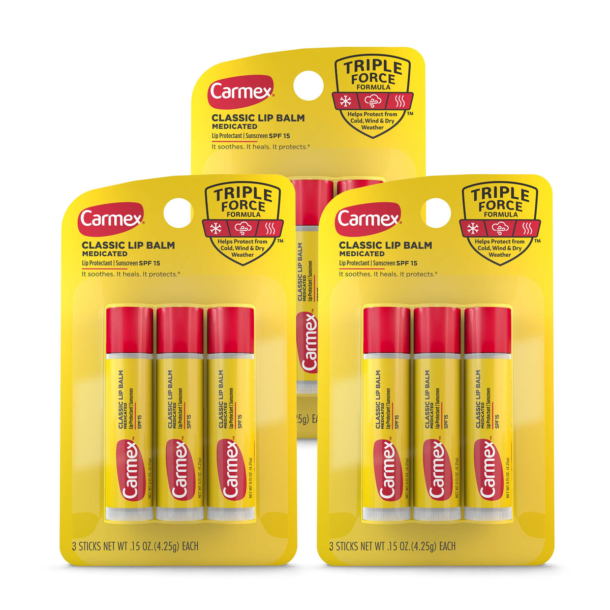 Carmex Classic Medicated Lip Balm Sticks front view, three packs