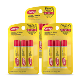 Carmex Classic Medicated Lip Balm Sticks front view, three packs