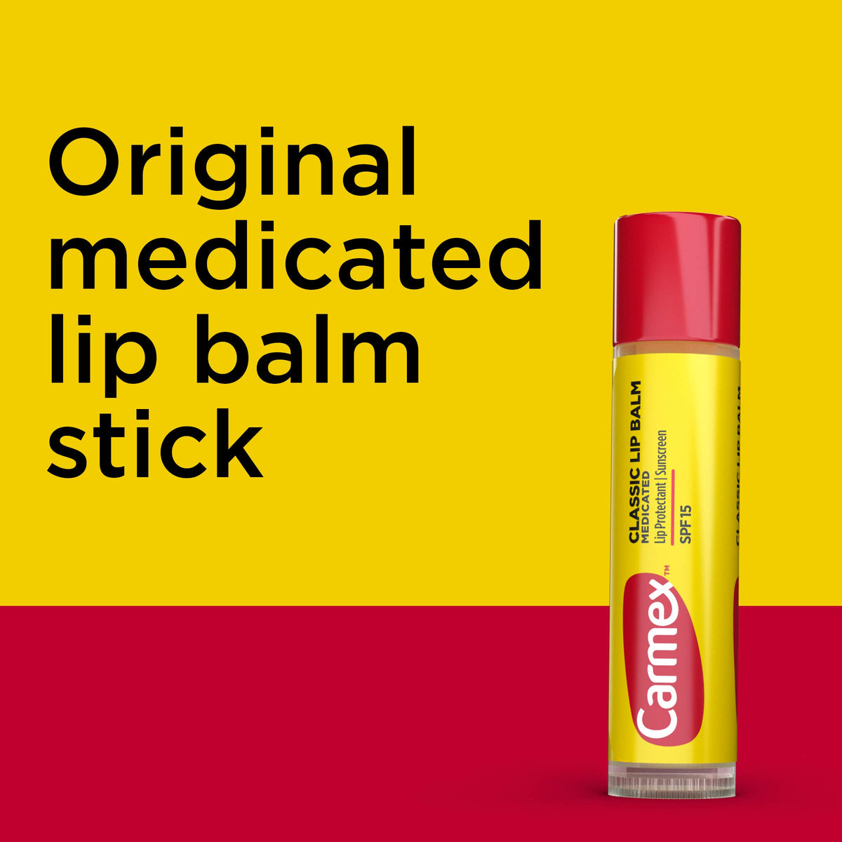 Carmex lip balm sticks arranged neatly on a white background