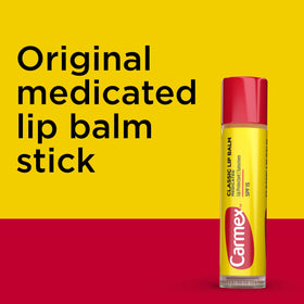 Carmex lip balm sticks arranged neatly on a white background