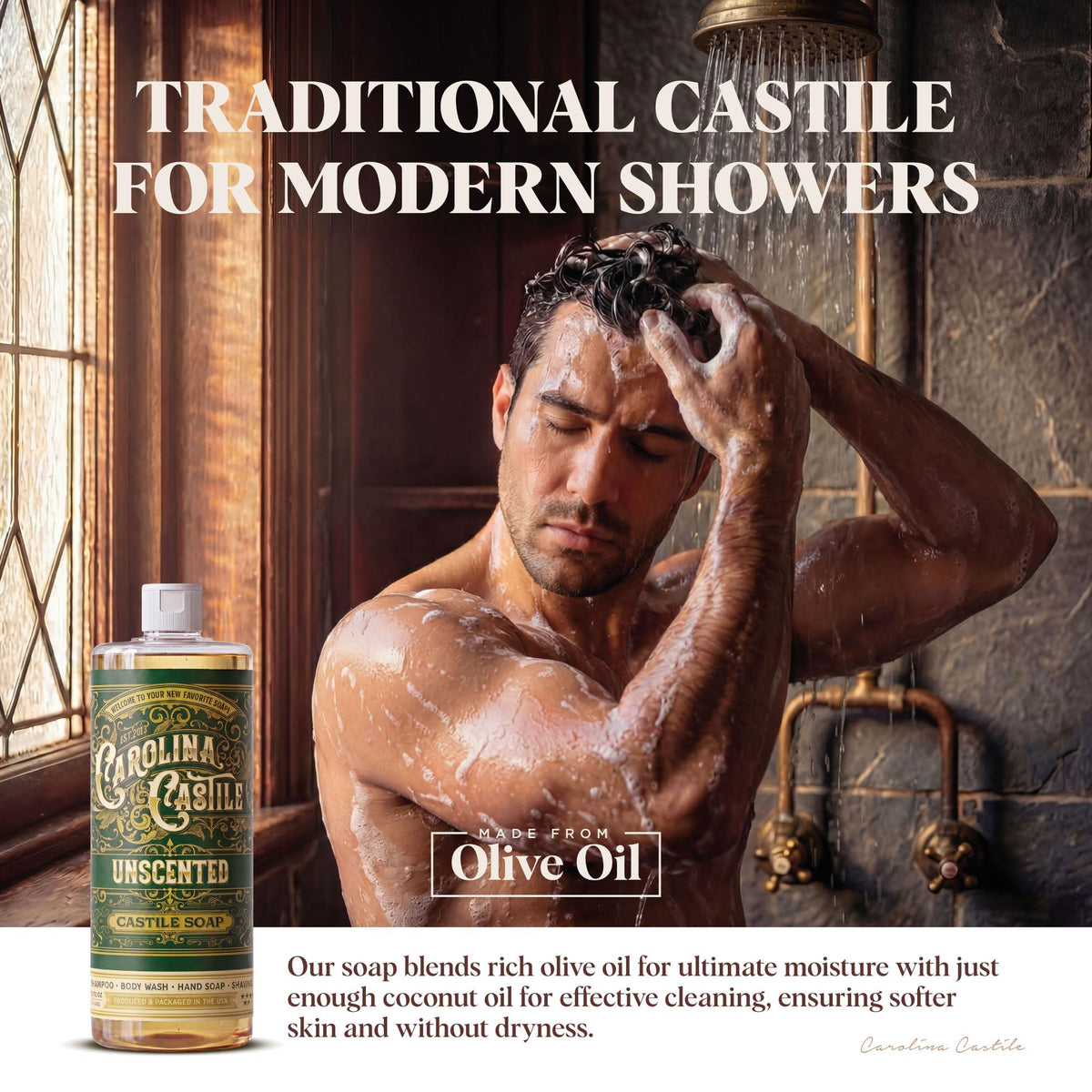 Carolina Castile Soap Unscented Liquid Soap 32 oz in a shower caddy