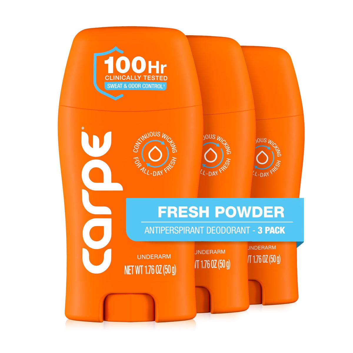 Carpe 100-Hour Antiperspirant Deodorant Fresh Powder 3 Pack front view