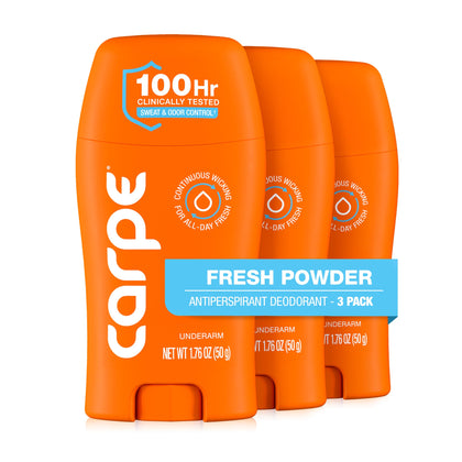 Carpe 100-Hour Antiperspirant Deodorant Fresh Powder 3 Pack front view
