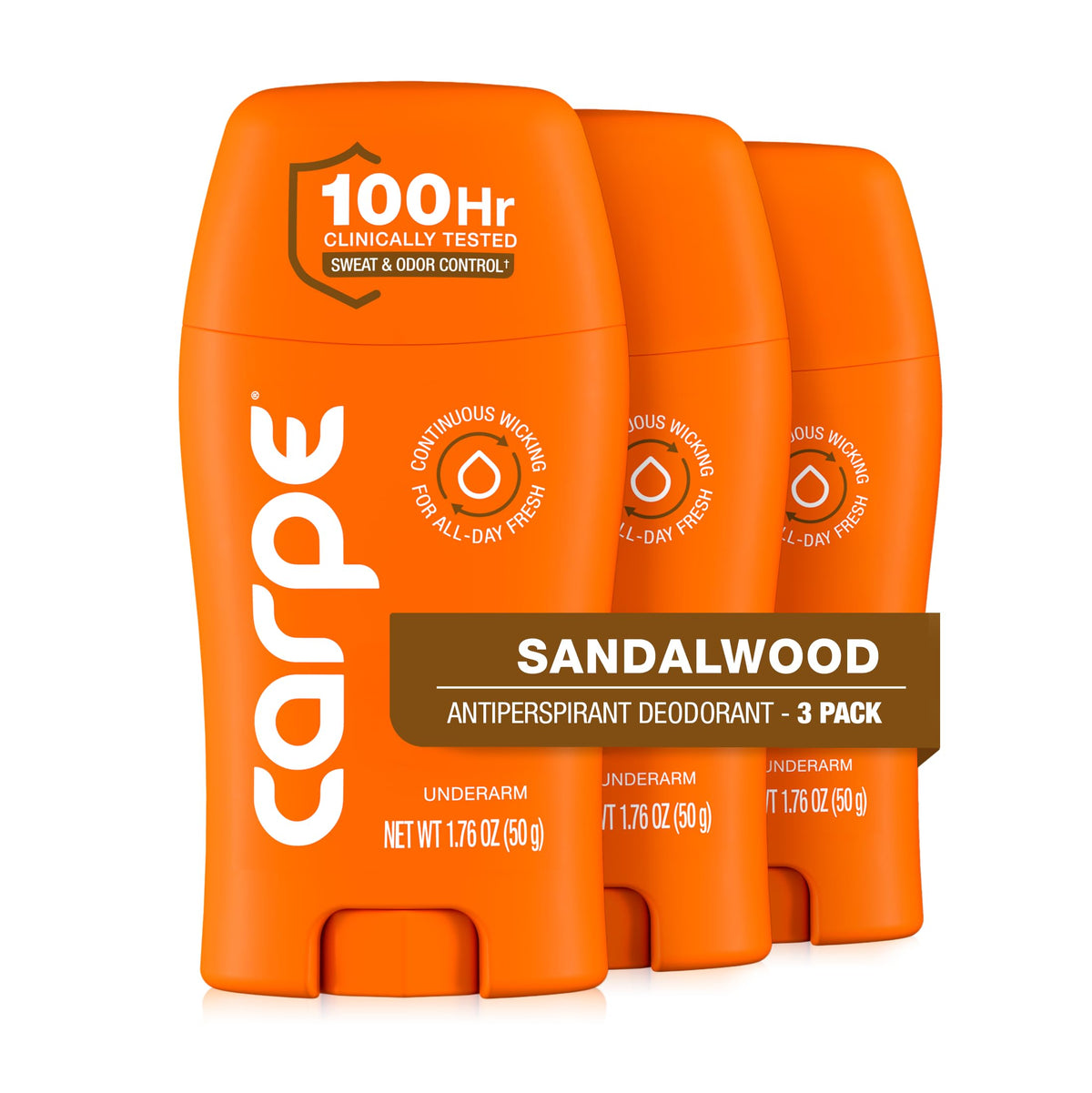 Carpe Antiperspirant Deodorant for Men Sandalwood 3 Pack front view