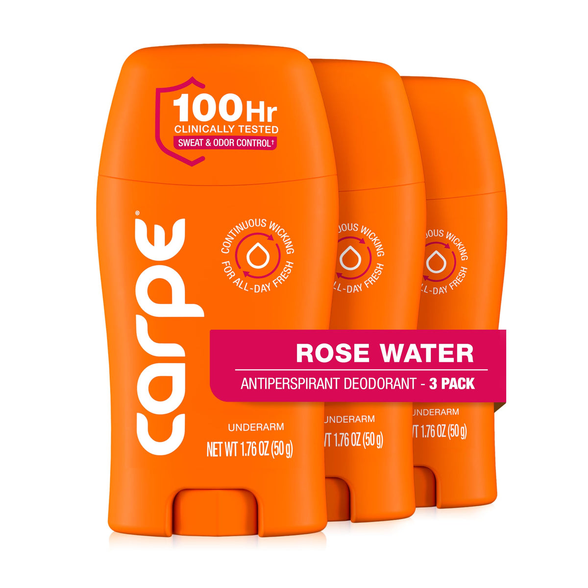 Carpe Antiperspirant Deodorant for Women Rose Water 3 Pack front view