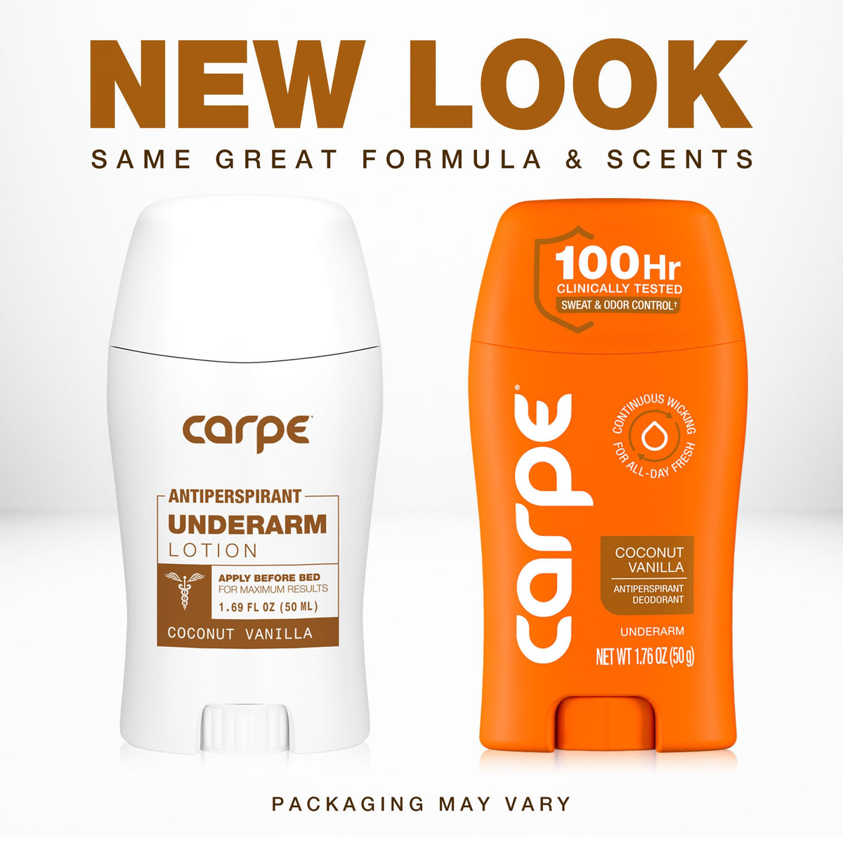 Carpe Coconut Vanilla Antiperspirant Deodorant side view with packaging