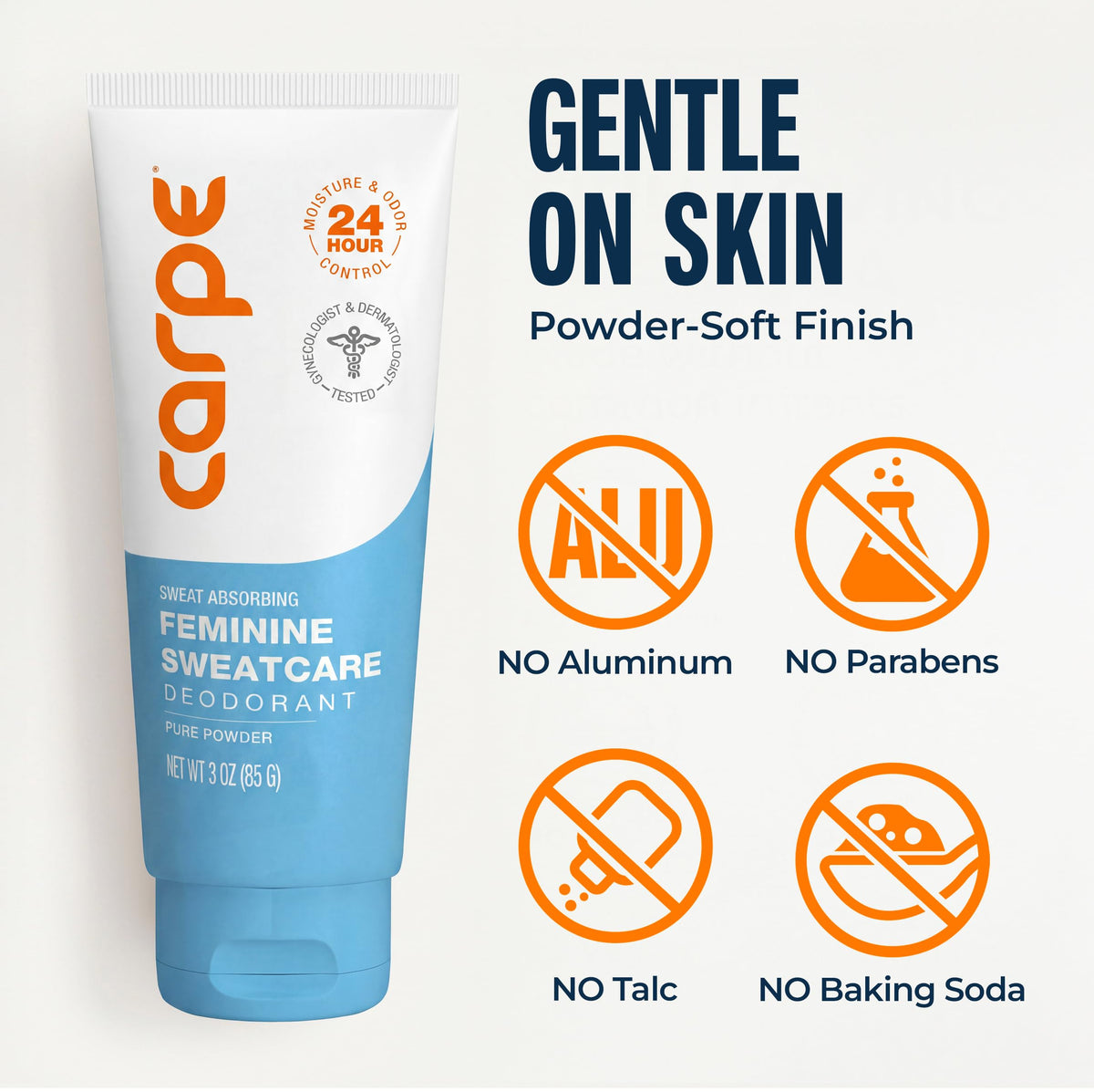 Carpe Feminine Sweatcare Intimate Deodorant displayed with natural ingredients