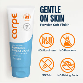 Carpe Feminine Sweatcare Intimate Deodorant displayed with natural ingredients