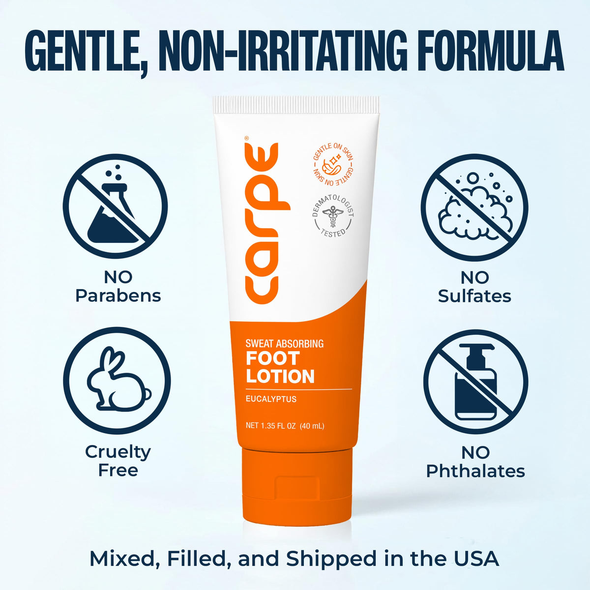 Carpe foot lotion packaging with eucalyptus scent label