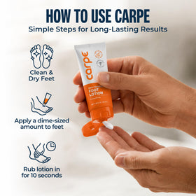 Carpe Sweat Absorbing Foot Lotion 3 Pack displayed on a bathroom counter