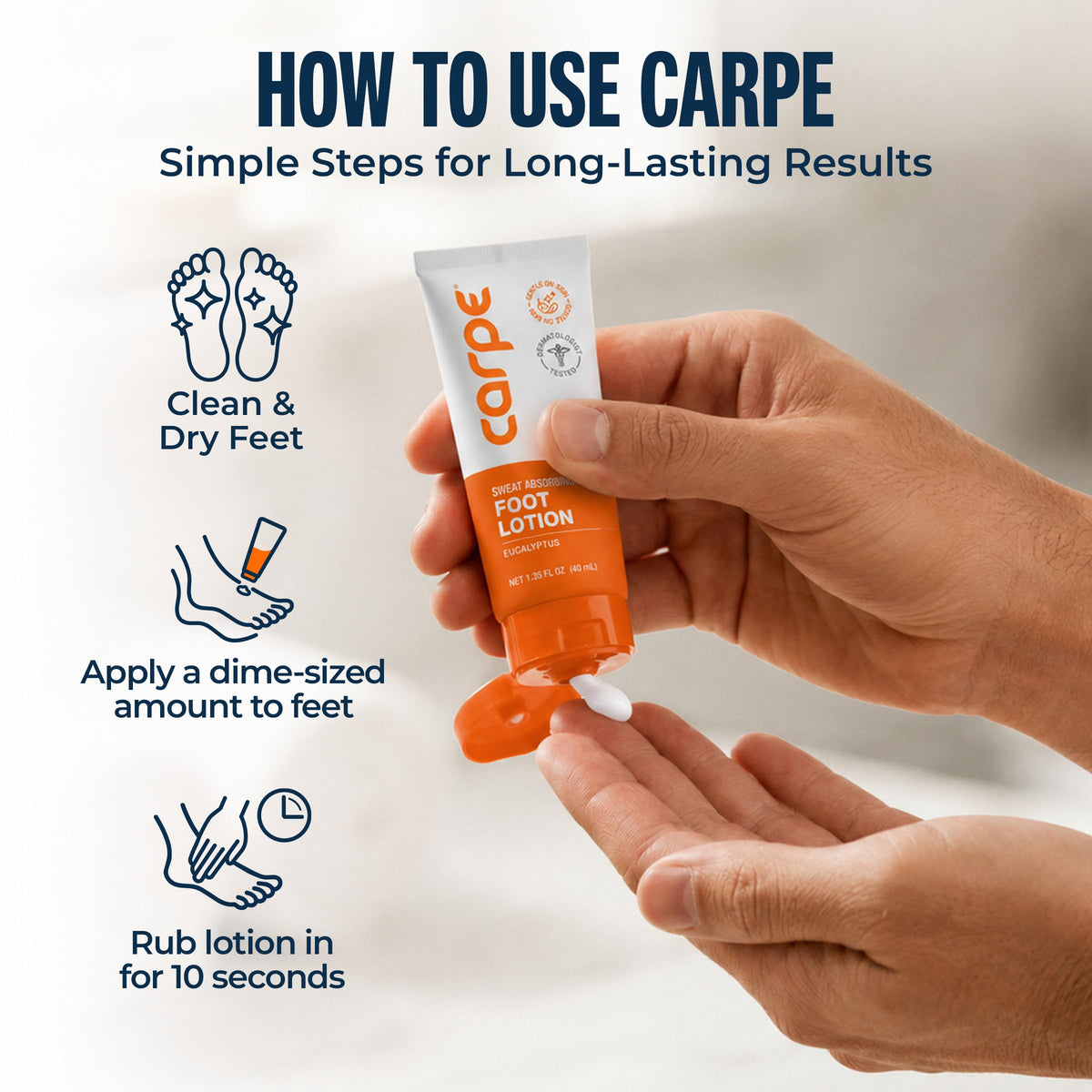 Carpe Sweat Absorbing Foot Lotion Eucalyptus on a bathroom counter