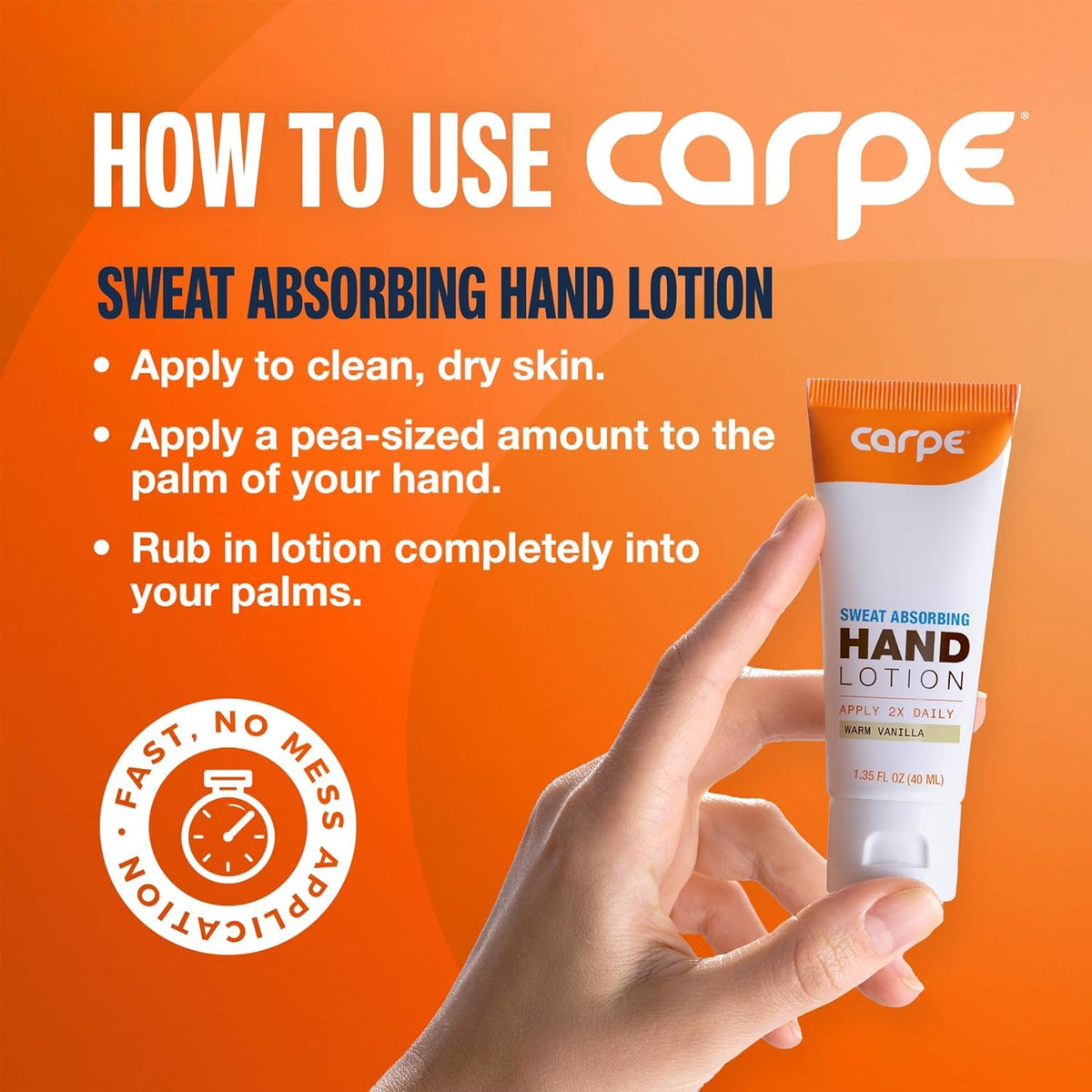 Carpe Sweat Absorbing Hand Lotion Warm Vanilla application on hands