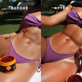 Carroten tanning gel with spatula on a beach background