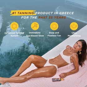 Carroten Tanning Oil Spray with sun and beach background