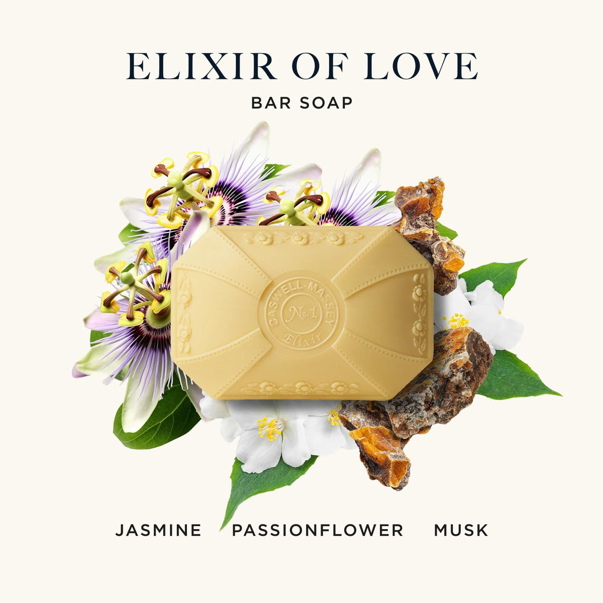 Caswell-Massey Elixir of Love Bar Soap showing floral motifs on the packaging