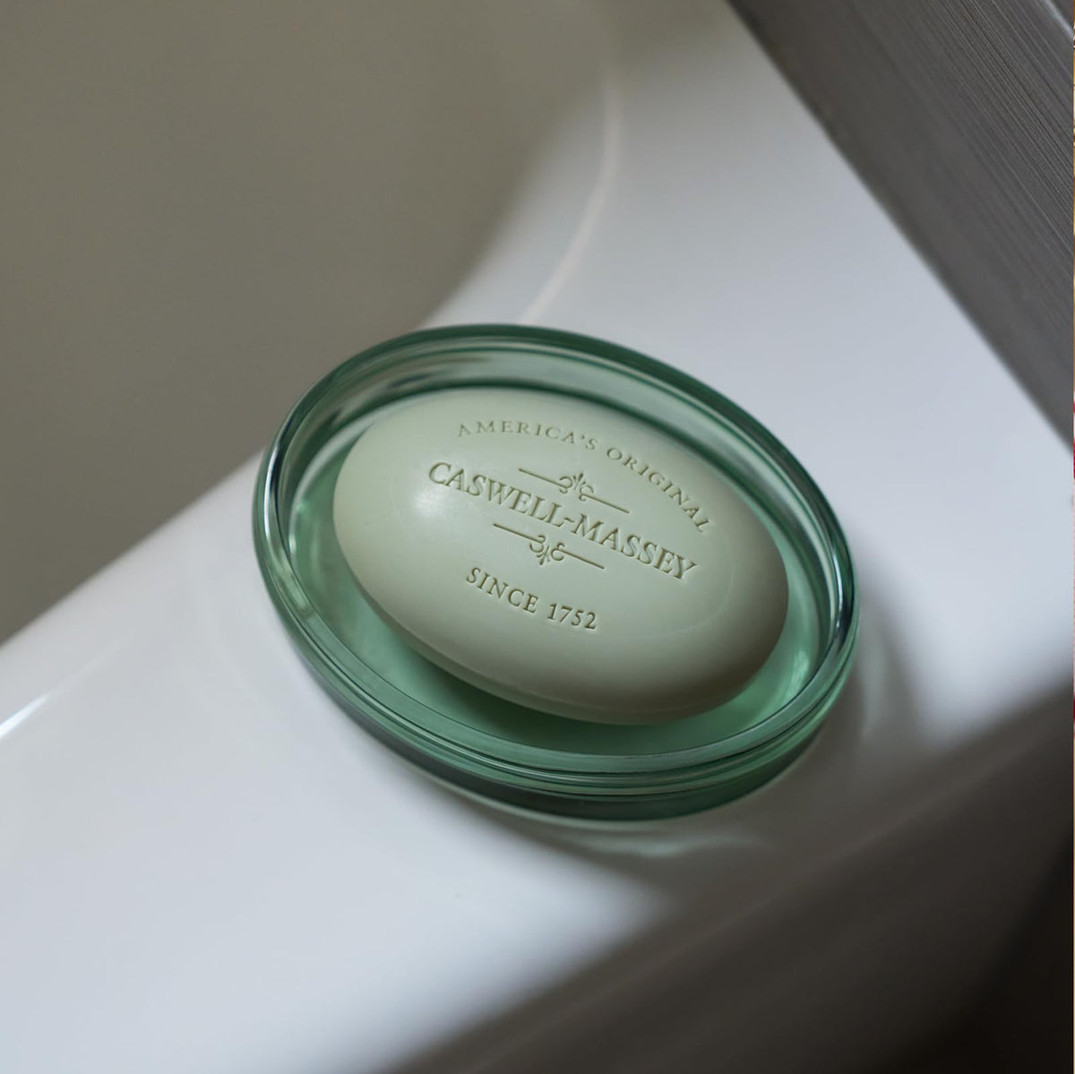 Caswell-Massey Greenbriar Natural Bar Soap in a bathroom setting