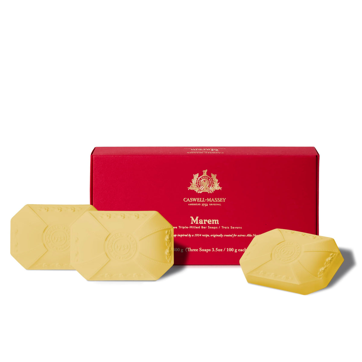 Caswell-Massey Marem Natural Bar Soap Gift Set front view with three soaps