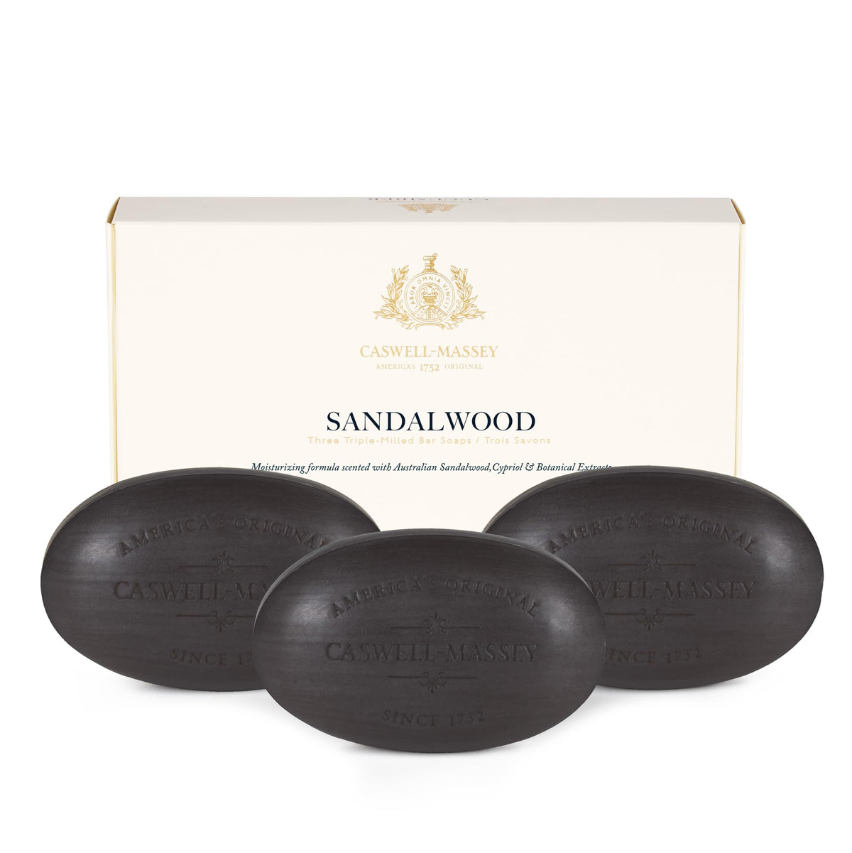 Caswell-Massey Sandalwood Soap Gift Set front view with three bars