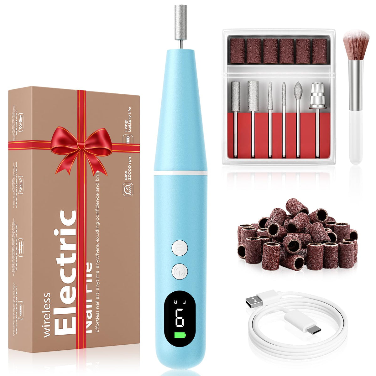 Ccigedy Cordless Electric Nail Drill front view with drill bits