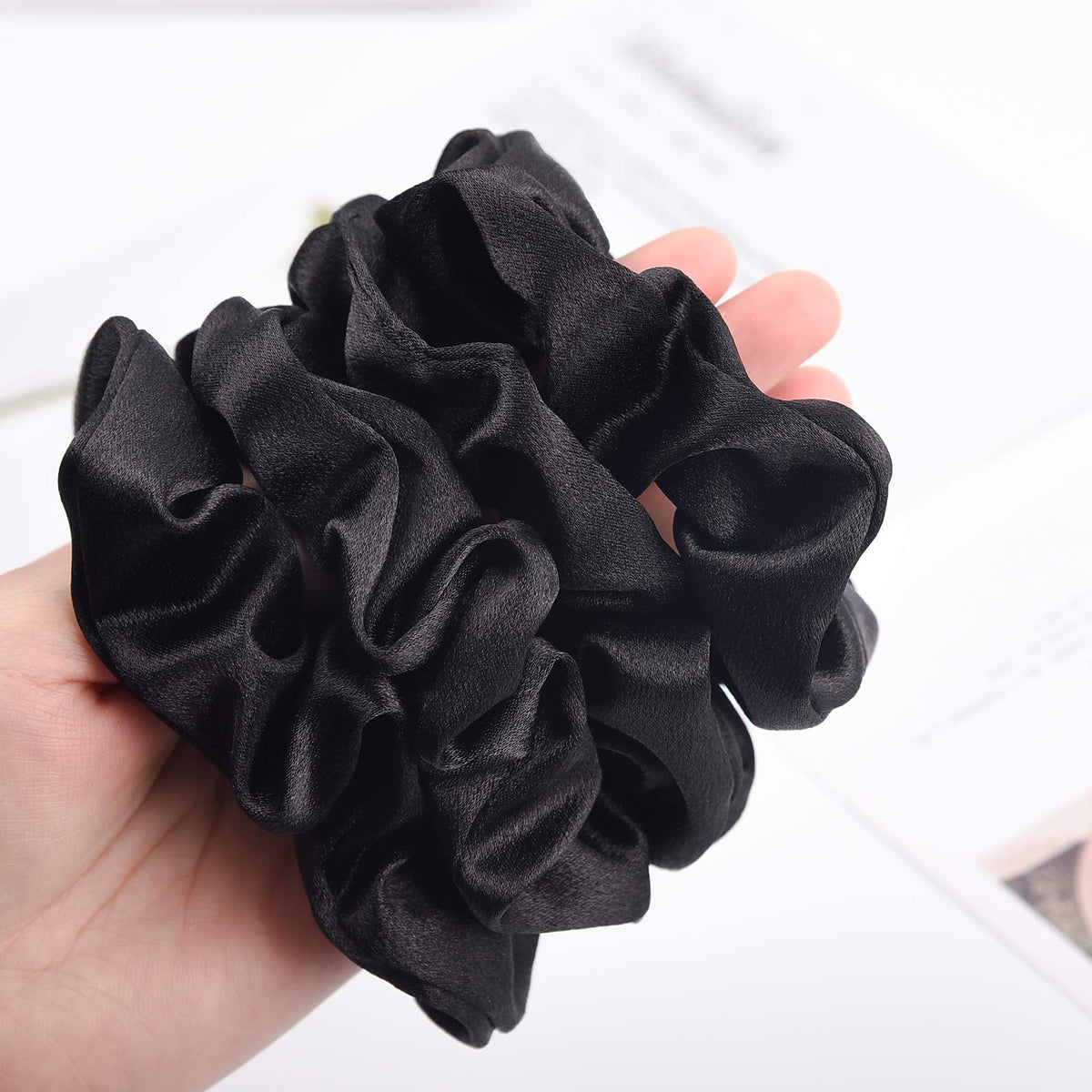CEELGON Black Satin Silk Scrunchies close-up texture
