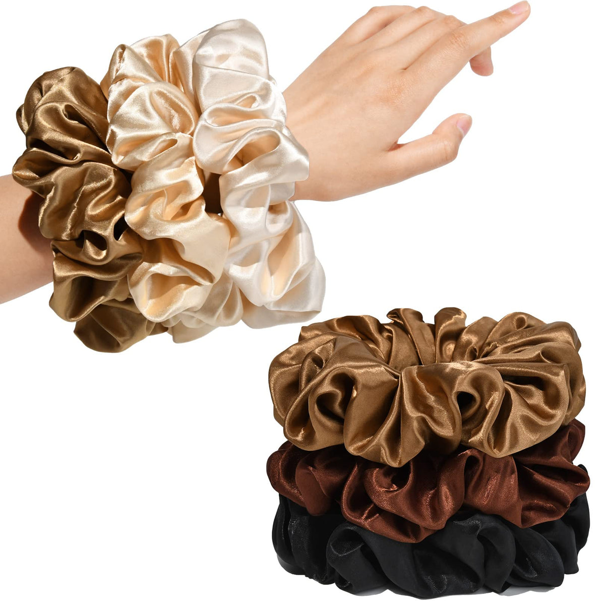 CEELGON large silk satin scrunchies in black, champagne, brown, and gold