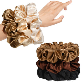 CEELGON large silk satin scrunchies in black, champagne, brown, and gold