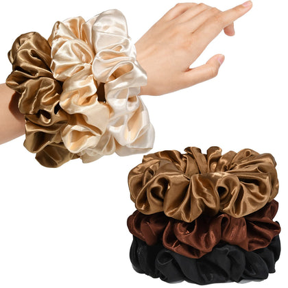 CEELGON large silk satin scrunchies in black, champagne, brown, and gold