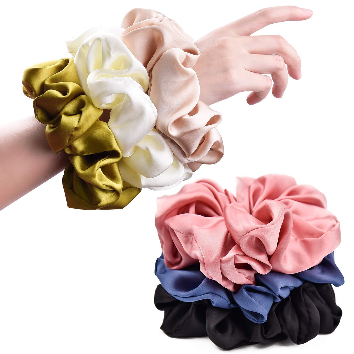 CEELGON Large Silk Scrunchies in assorted colours - pink, black, blue, champagne, mustard yellow, beige