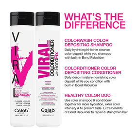 Celeb Luxury Viral Colorwash Hot Pink Shampoo with hair colour swatch