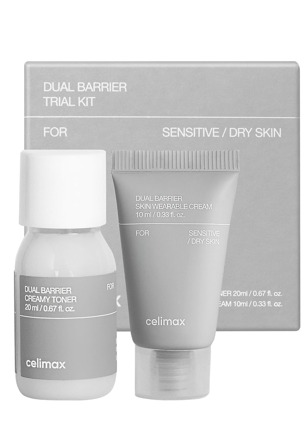 celimax Dual Barrier Trial Kit with toner and cream front view