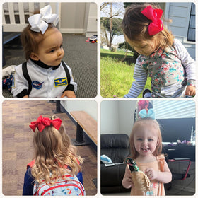 CÉLLOT hair bows in a girl's hair styled in pigtails
