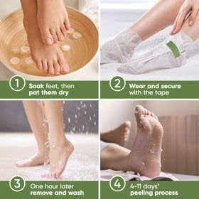 CÉLOR Foot Peel Mask booties laid out with lavender flowers