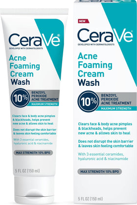 CeraVe Acne Foaming Cream Wash 10% Benzoyl Peroxide front view
