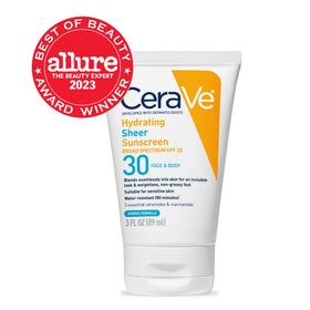 CeraVe Hydrating Sheer Sunscreen SPF 30 bottle with cap off